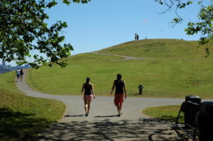 People walking maybe measuring exercise intensity